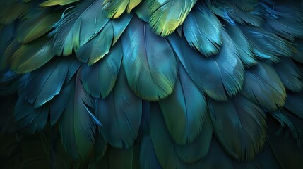 A close-up view of vibrant blue and green feathers with intricate details and textures, creating a mesmerizing natural pattern.