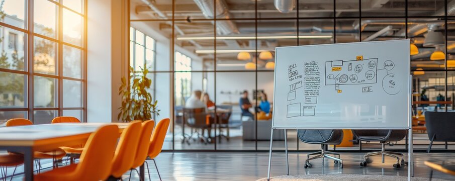Spacious office area with a large whiteboard diagram in focus, surrounded by orange chairs and soft natural lighting