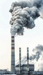 Industrial factory with chimneys emitting thick smoke, highlighting pollution and environmental issues on a cloudy day.