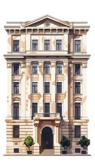 Fototapeta premium Tall classical building with ornate architectural details, front entrance, and potted plants, standing under a clear sky.