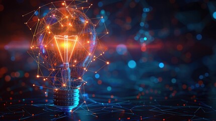 A luminous lightbulb, its filaments intertwined like a neural network of ideas, illuminating against a deep, abstract backdrop with hints of blue, evoking innovation and connectivity.
