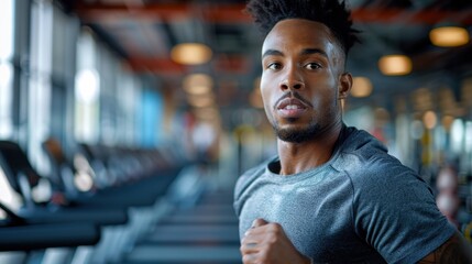 A fit man, drenched in sweat and determination, runs on a treadmill in a gym, his eyes focused ahead, surrounded by weights, dumbbells, and other fitness machines.
