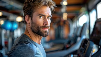 Obraz premium A fit man powers through his treadmill run at the gym, his eyes set on his fitness goals. The room is filled with diverse exercise equipment, reflecting his all-encompassing workout regime. 