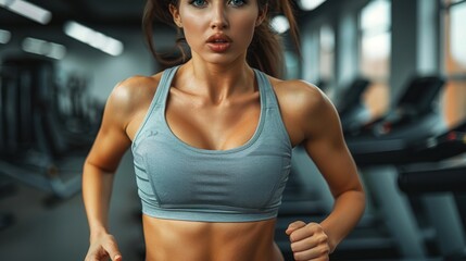 Fototapeta premium A fit woman, engrossed in her workout, runs on a treadmill in a well-equipped gym. The background is filled with various exercise machines, creating an energetic environment. 