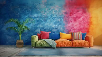 Rustic Textured Wall with Bold and Bright Color Washing Technique. Aged effect. Palette of blue, orange, pink, green, yellow with subtle variations. High-resolution. Matching furniture and decor.