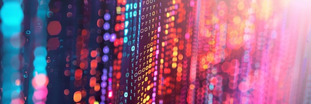 Colorful binary code and lights - A concept of data and binary code in rainbow colors representing digital communication