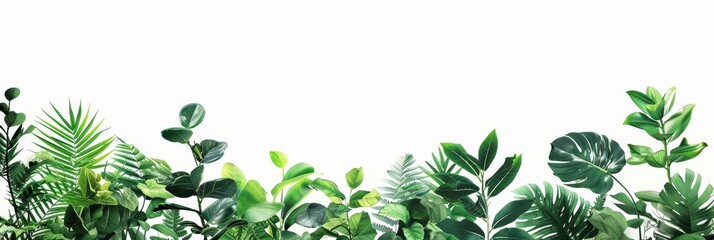 Green leafy plants on a white background - A lush collection of various green plants with a white background, depicting nature and growth