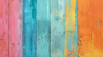 Obraz premium Rustic Textured Wall with Bold and Bright Color Washing Technique. Aged effect. Palette of blue, orange, pink, green, yellow, with subtle variations in hue and tonality. High-resolution. 