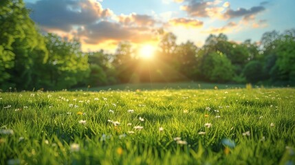 A stunning sunrise over a vibrant green meadow filled with wildflowers, with trees and a clear sky in the background.