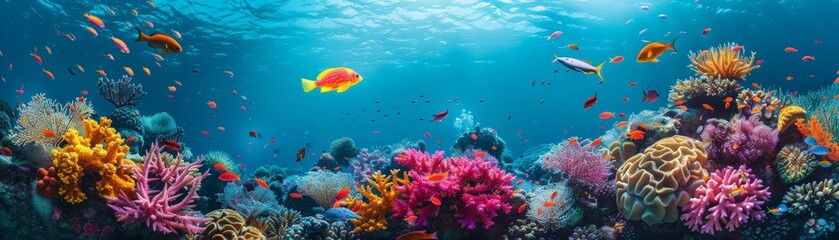Fototapeta premium A stunning underwater scene featuring a vibrant coral reef teeming with colorful fish and diverse marine life in crystal clear blue waters.