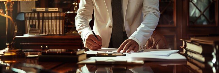 Naklejka premium Attorney in a white shirt signing papers - Attorney reviews and signs legal documents at an elegant wooden desk in an office