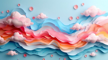 Colorful Paper Clouds Floating Over a Wavy Landscape