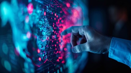 A hand interacting with a digital data visualization interface, highlighting futuristic technology and big data analysis concepts.