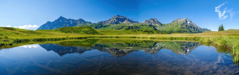 A Tranquil Mountain Lake Reflects the Majestic Alps on a Sunny Summer Day