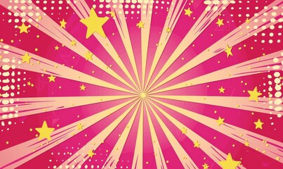 Abstract pink background with halftone dots and rays of light in the center. Comic book background design with yellow stars, using a red color palette