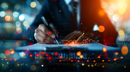 Business professional analyzing financial data with modern technology interface, highlighting growth and innovation in corporate strategy.