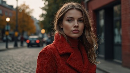 Fototapeta premium Beautiful fashion female model in red turtleneck sweater and woolen red coat outdoor on autumn winter urban street, stylish woman in city concept with copy space.