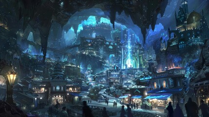 Fototapeta premium Lively fantasy city in an underground cave - This digital artwork depicts a bustling fantasy city within a cave, alive with vibrant lights and activity