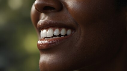 Beautiful black woman smiling with her healthy white teeth, close up of lower part of a dark skin beauty's face, concept of healthy teeth, oral product advertisement.
