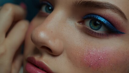Naklejka premium Colorful eye makeup Amazing Bright eye makeup in luxurious blue shades Pink and blue color, colored eyeshadow.