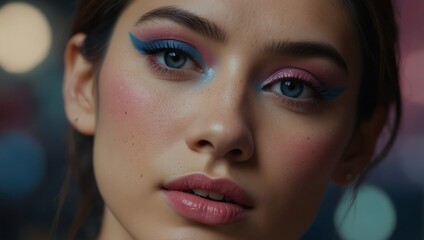 Colorful eye makeup Female Asian eyes with beautiful make-up Amazing Bright eye makeup in luxurious blue shades Pink and blue color, colored eyeshadows.