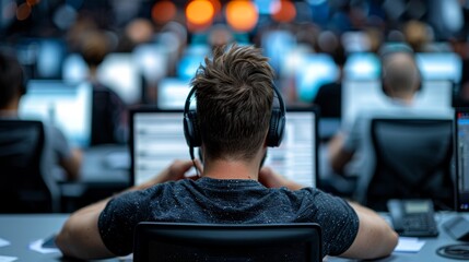 Rear view of a professional working on multiple computer screens in a crowded, busy office or call center environment.