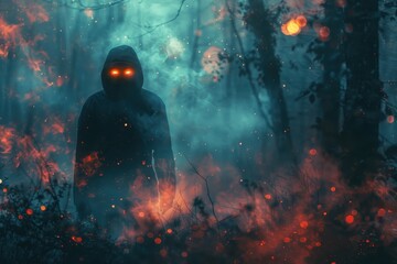 Naklejka premium Mysterious Hooded Figure with Glowing Eyes in a Dark Forest Surrounded by Eerie Smoke and Fire