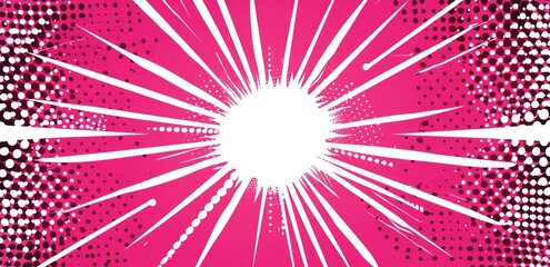 Abstract pink halftone background with rays and dots. Pop art comic background