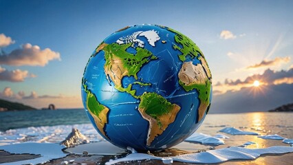 Melting Earth Globe on Beach at Sunset.