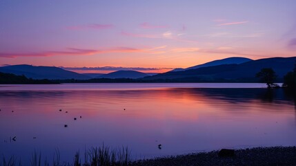 Obraz premium Summer twilight at a tranquil lake, the sky and water ablaze with the hot hues of a setting sun