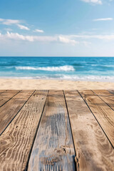 Obraz premium Natural wood flooring with a blurred coastal beach and sea background, great for product displays,
