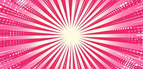 Abstract pink halftone background with rays and dots. Pop art comic background