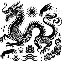 east dragon in silhouete with bohemian nature pattern illustration