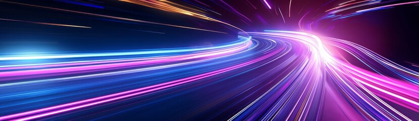 Abstract purple and blue light streaks the background