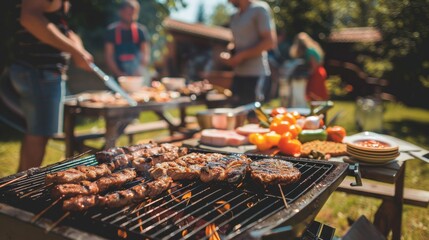 Friends enjoying a backyard barbecue with grilled meats and vegetables, creating a lively and fun summer gathering atmosphere.