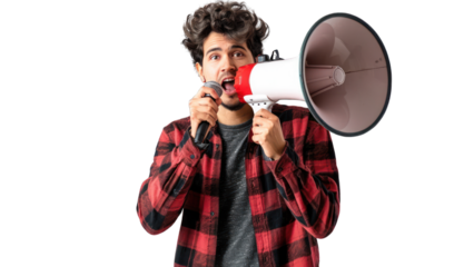 Handsome young man with megaphone cut out background