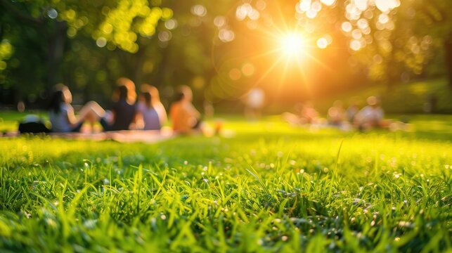 Group of friends enjoying a sunny picnic in a lush green park, capturing the essence of outdoor leisure and relaxation.