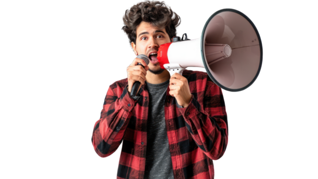 Handsome young man with megaphone cut out background - Powered by Adobe