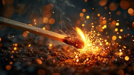 Macro shot of a matchstick igniting with bright orange sparks and glowing embers in a dark background