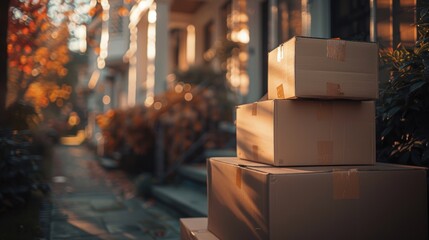 Cardboard boxes stacked on a porch in a residential area, bathed in warm sunlight during an autumn afternoon.