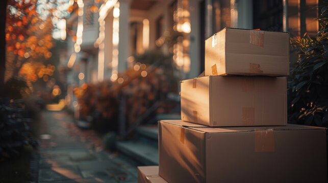Cardboard boxes stacked on a porch in a residential area, bathed in warm sunlight during an autumn afternoon.