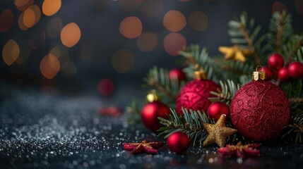 Red Christmas ornaments and gold stars on a festive branch, surrounded by soft bokeh lights, creating a warm holiday scene.