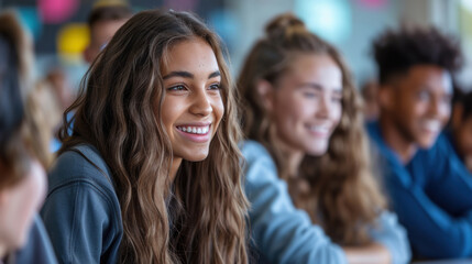 Happy students in a classroom, actively participating and smiling during a lively discussion, showcasing a positive learning environment.