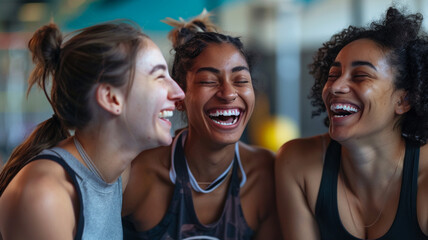 Three females chuckling happily in a fitness center
