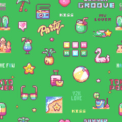 Naklejka premium Pixel Art Summer Party Seamless Pattern. 8bit Retro Y2K Game Texture Background in Vibrant Green