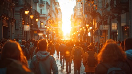 Crowd of anonymous men and women walking down an urban sidewalk with bright glowing sunlight in the background on a busy street. 