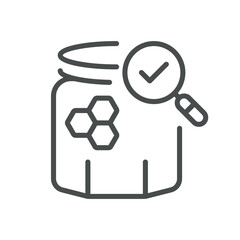 Honey Quality Tested Icon. Thin Line Illustration of a Honey Jar with a Checkmark, Representing the Testing and Verification of Honey Quality.