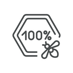 Hundred Percent Natural Honey Icon. Thin Line Illustration of a Honeycomb with 100% and a Bee, Representing Pure Unadulterated Natural Honey.