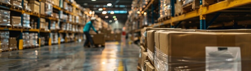 Obraz premium A bustling warehouse with rows of stacked boxes and a worker moving a pallet, showcasing industrial storage and logistics.