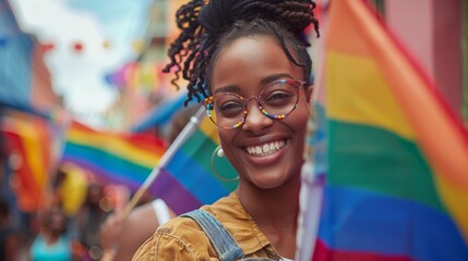 Happy gay black woman celebrating gay pride month at lgbtq+ community summer festival outdoor event. Candid smiling african american non-binary trans person carrying rainbow flags. 